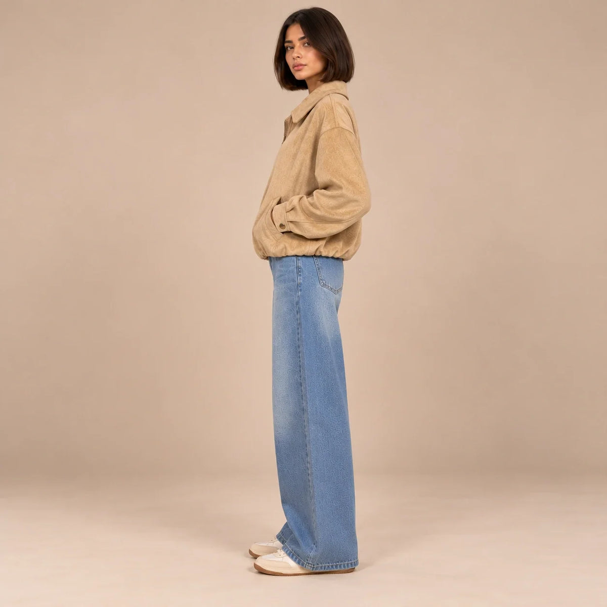 Suede Zip Bomber Jacket in Beige — ONE MORE