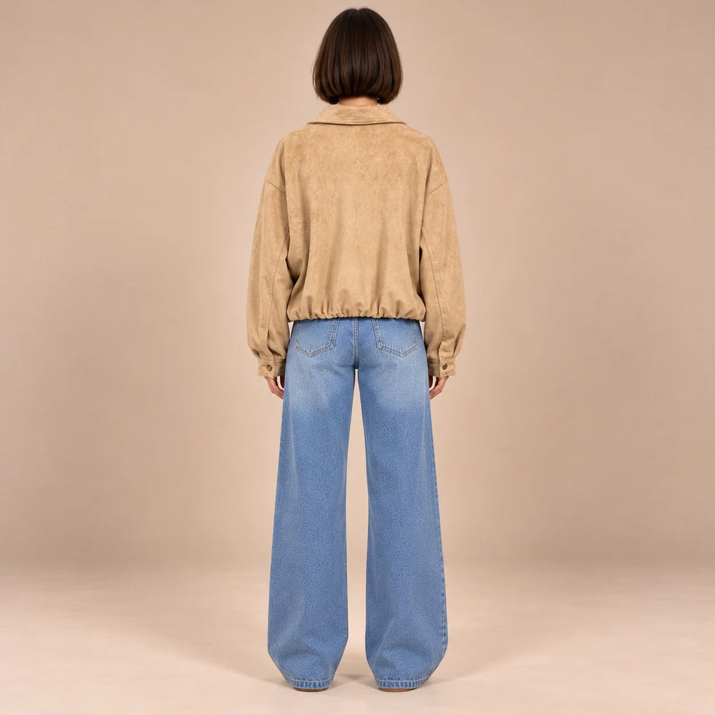 Suede Zip Bomber Jacket in Beige — ONE MORE
