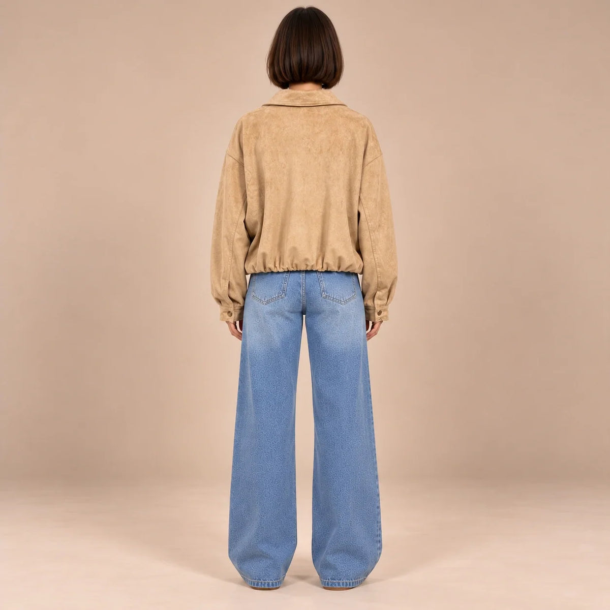 Suede Zip Bomber Jacket in Beige — ONE MORE