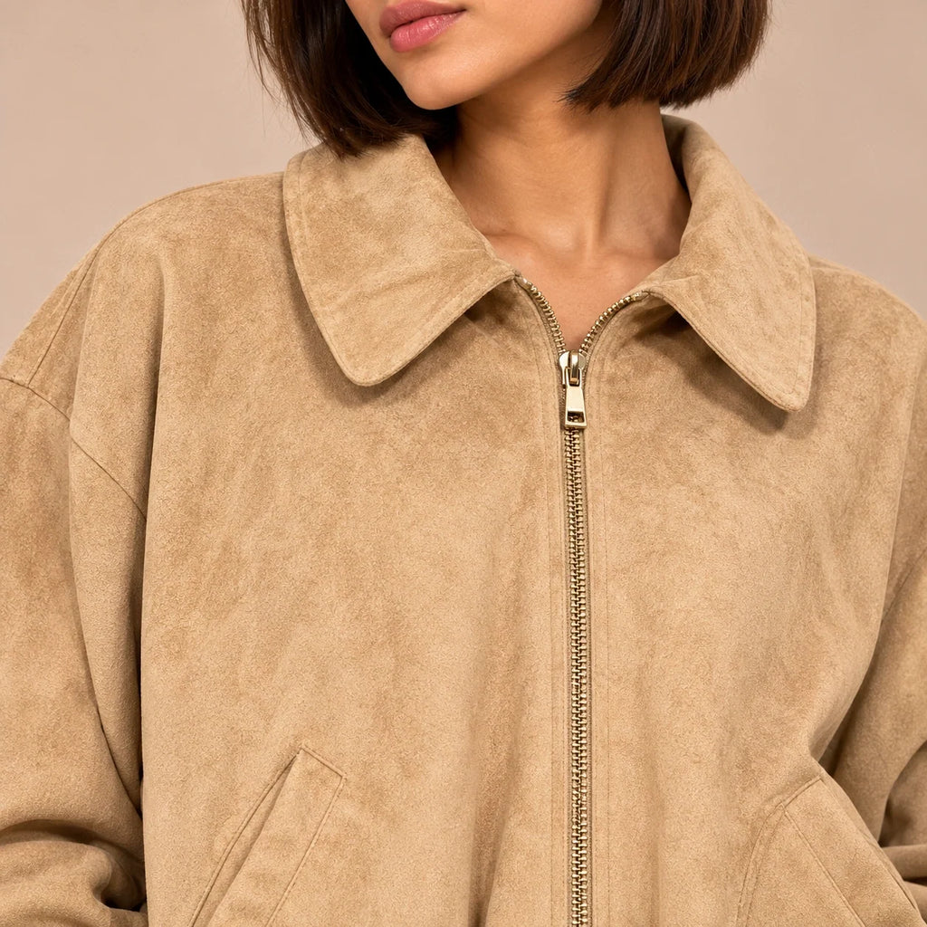 Suede Zip Bomber Jacket in Beige — ONE MORE