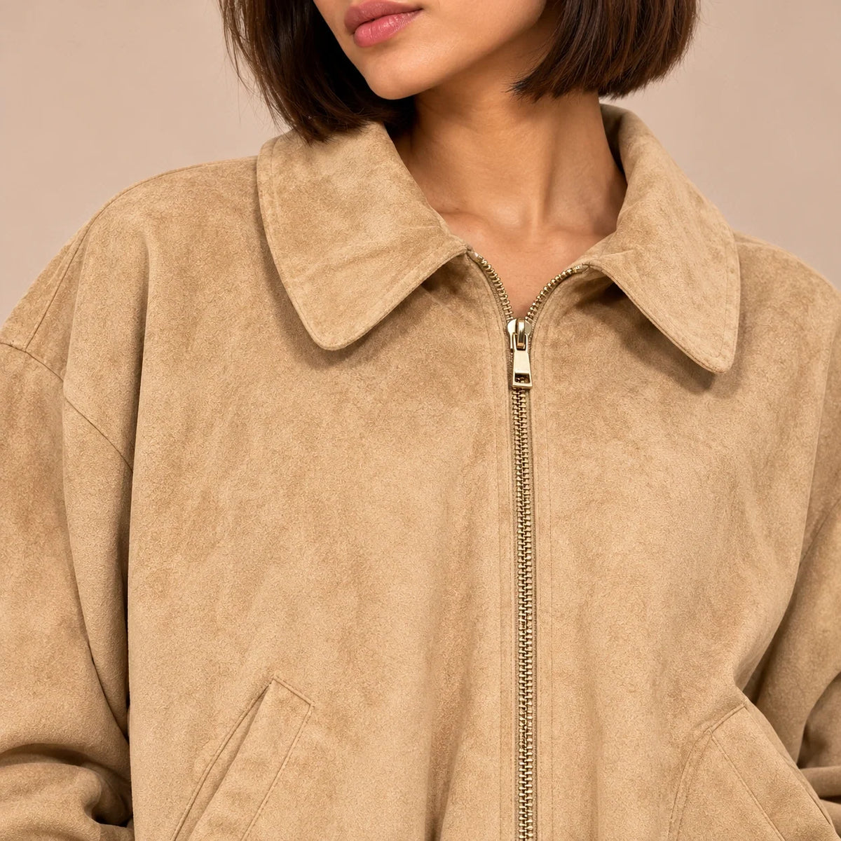 Suede Zip Bomber Jacket in Beige — ONE MORE