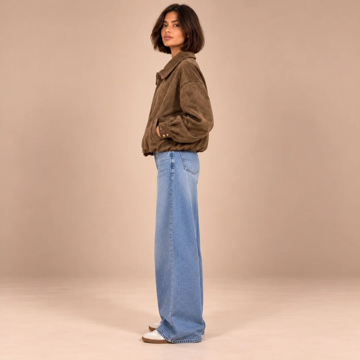 Suede Zip Bomber Jacket in Brown — ONE MORE
