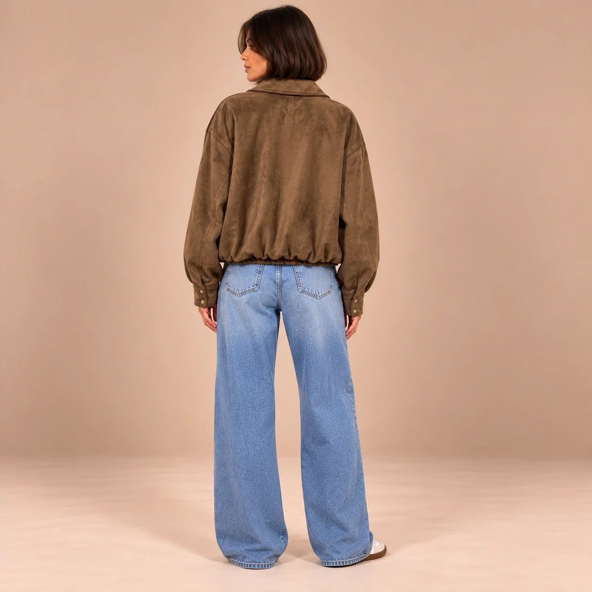 Suede Zip Bomber Jacket in Brown — ONE MORE