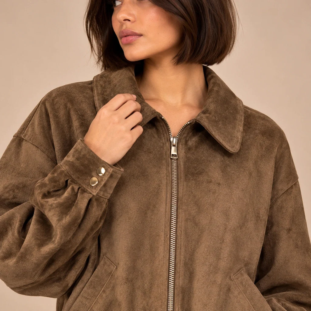 Suede Zip Bomber Jacket in Brown — ONE MORE