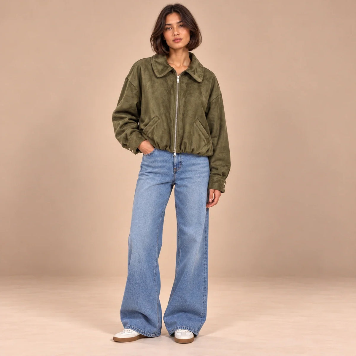 Suede Zip Bomber Jacket in Olive — ONE MORE
