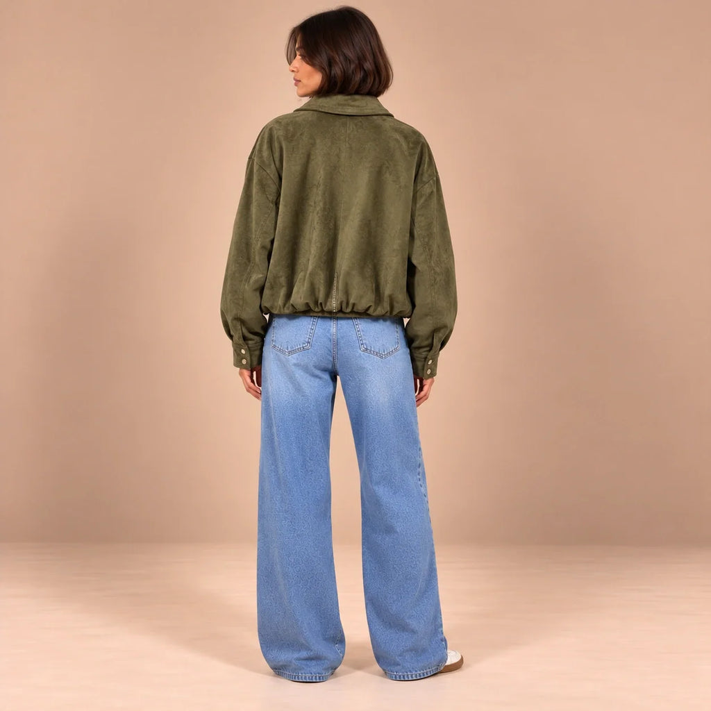 Suede Zip Bomber Jacket in Olive — ONE MORE