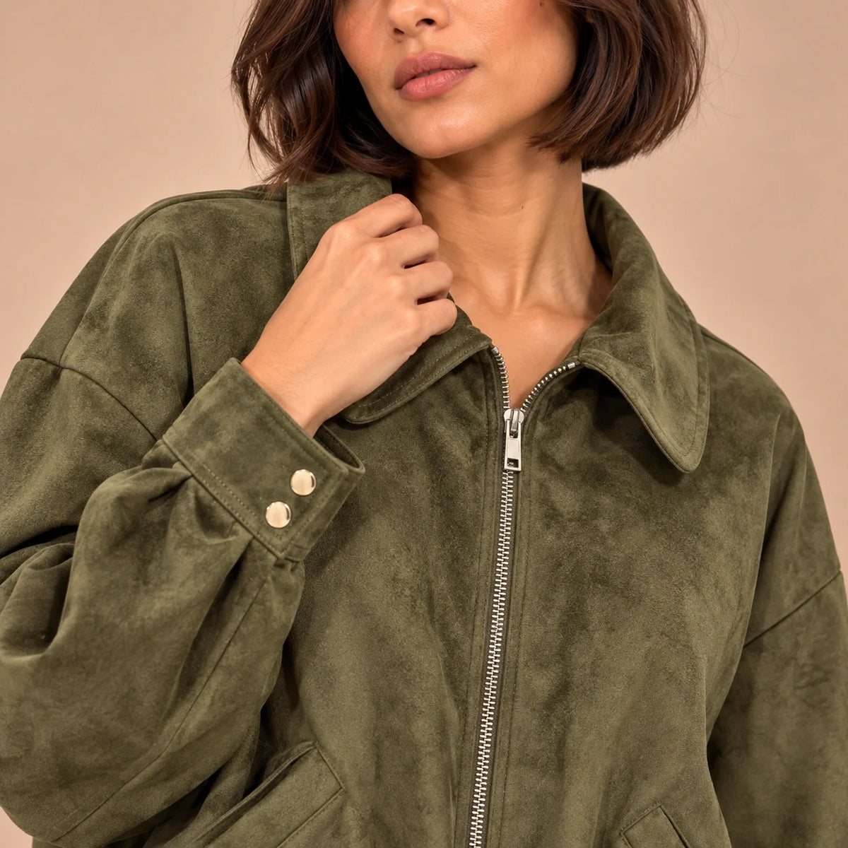 Suede Zip Bomber Jacket in Olive — ONE MORE