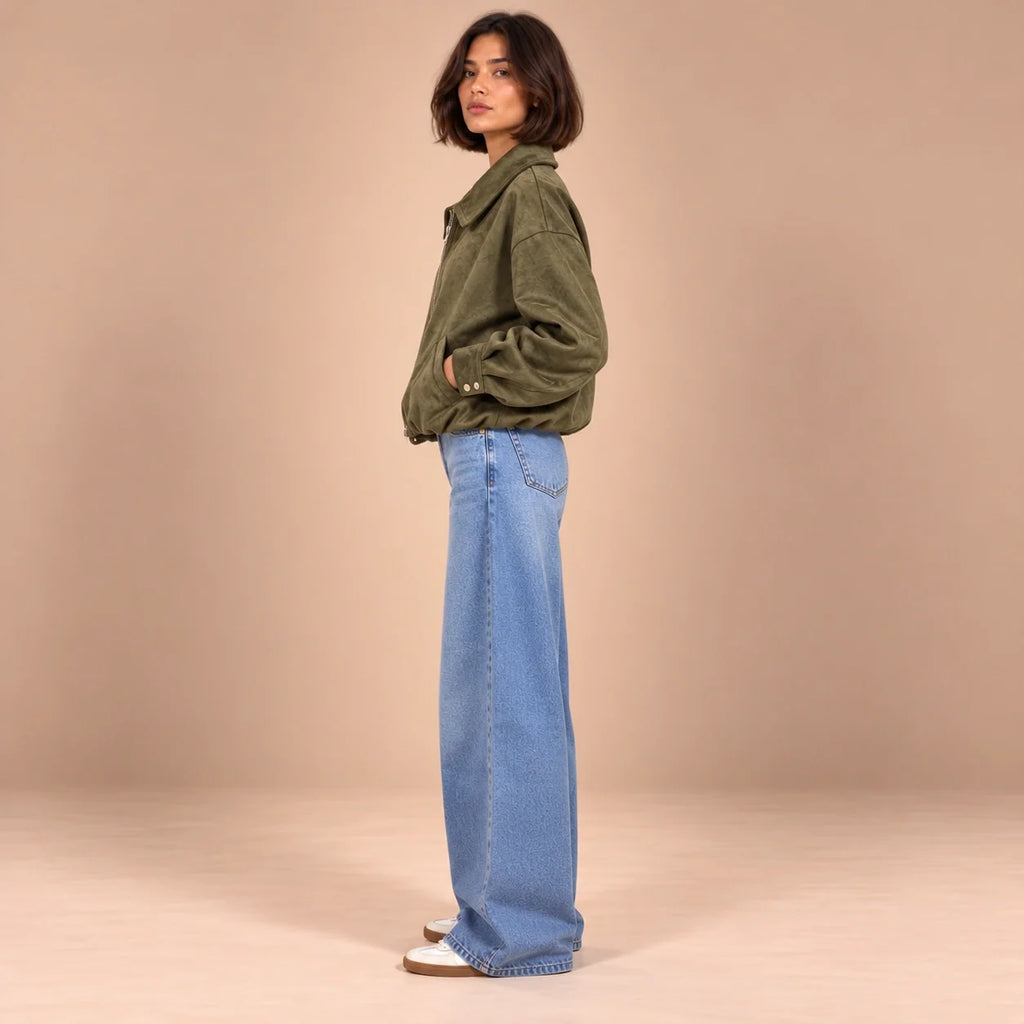 Suede Zip Bomber Jacket in Olive — ONE MORE