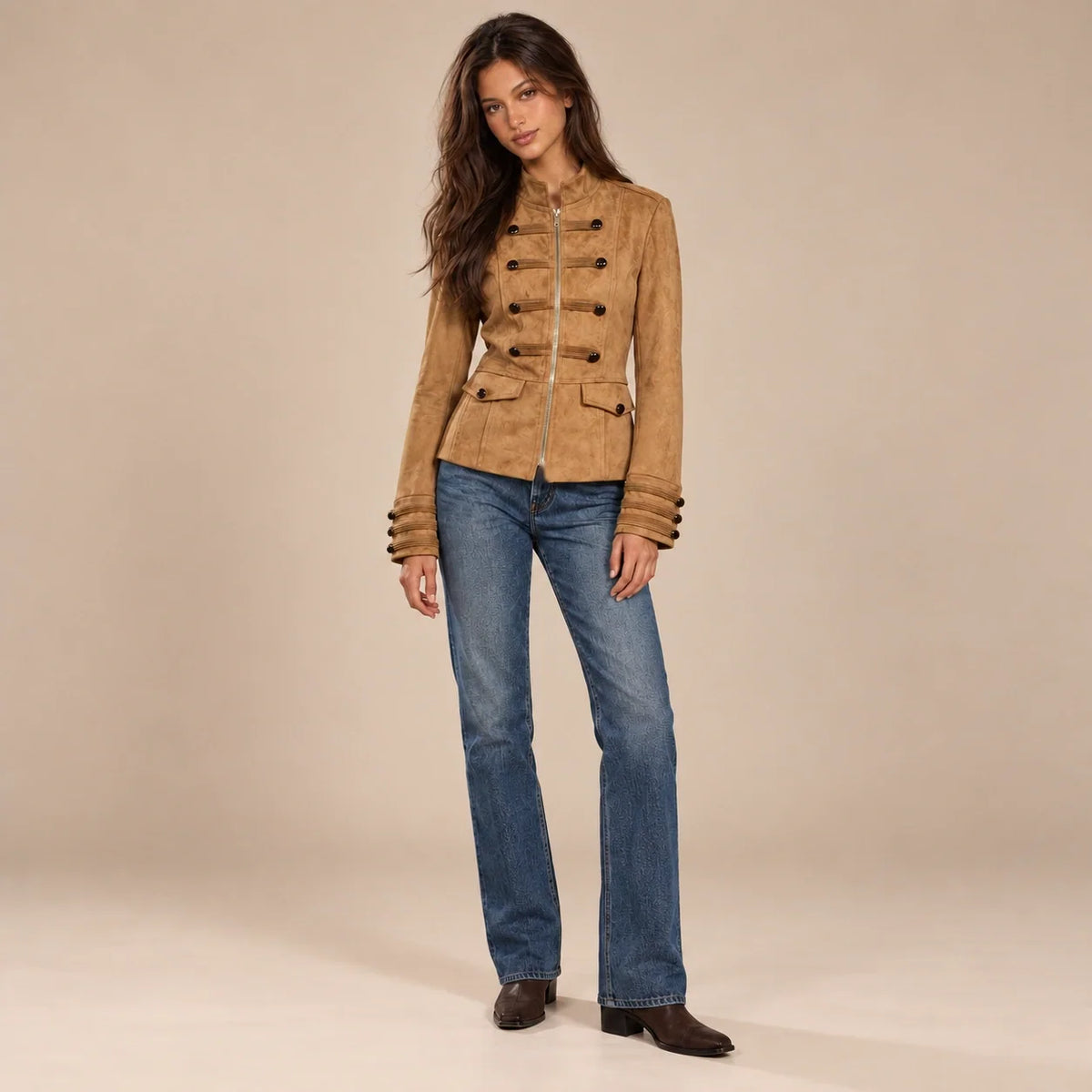 Gold Button Military Jacket in Camel — ONE MORE