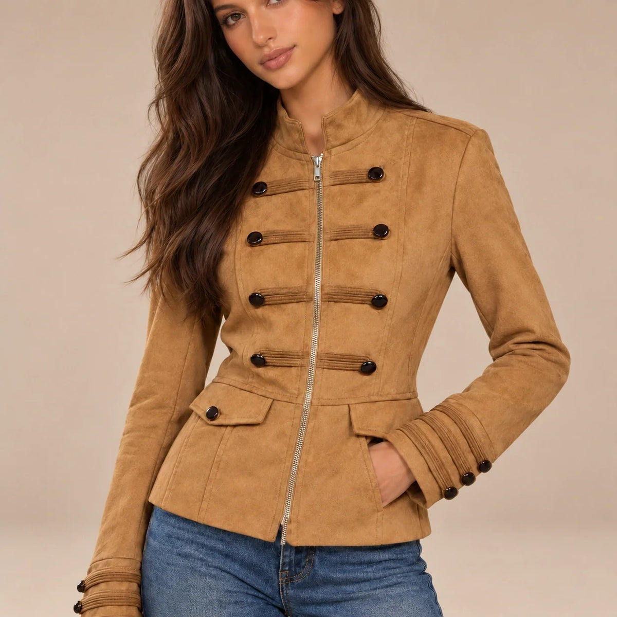 Gold Button Military Jacket in Camel — ONE MORE
