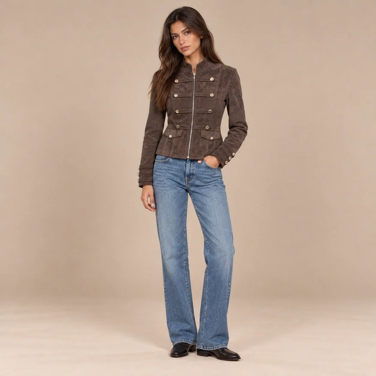 Gold Button Military Jacket in Dark Brown — ONE MORE