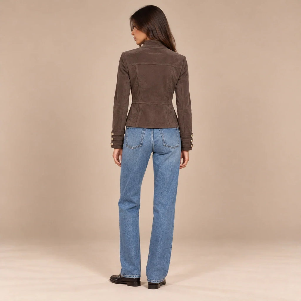 Gold Button Military Jacket in Dark Brown — ONE MORE