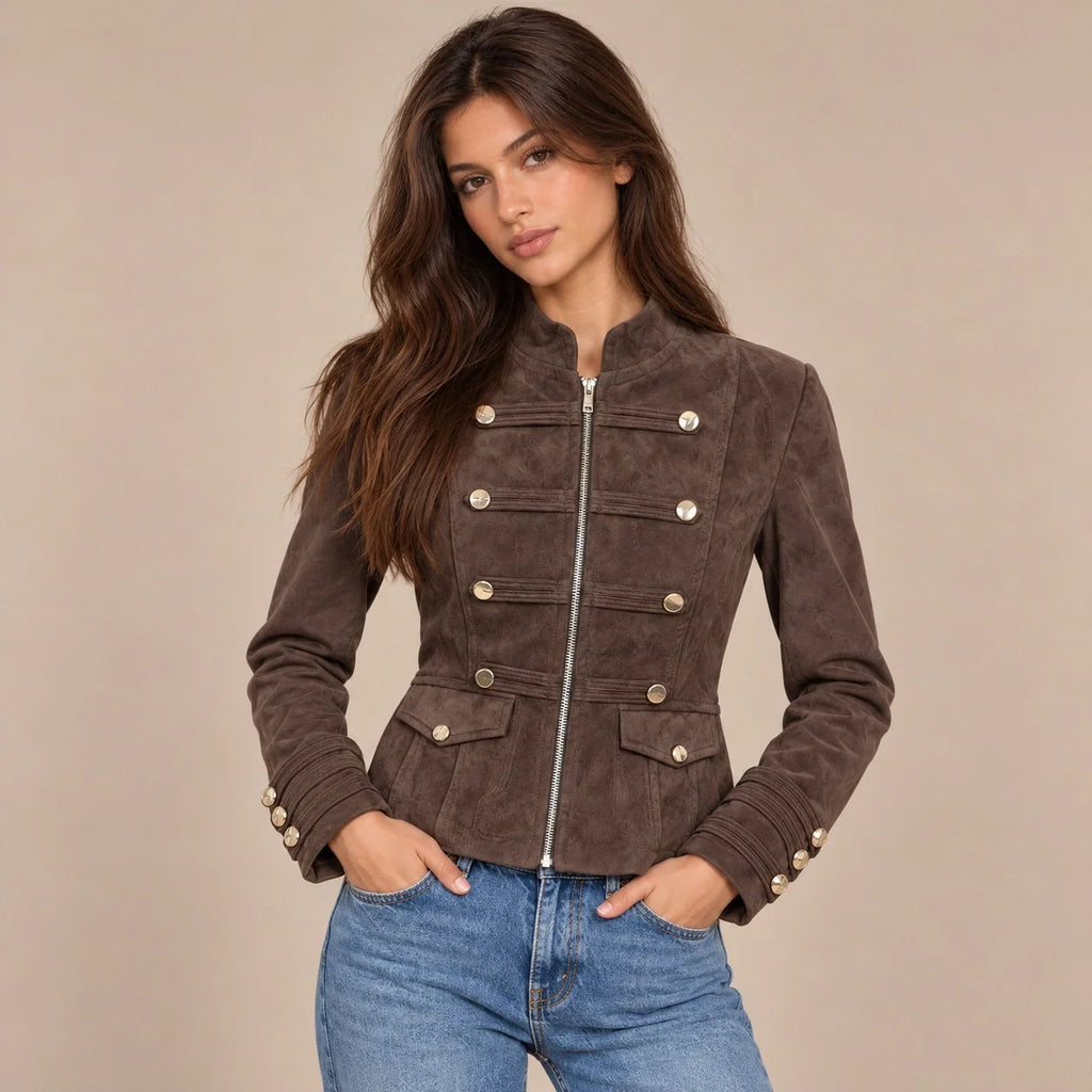 Gold Button Military Jacket in Dark Brown — ONE MORE