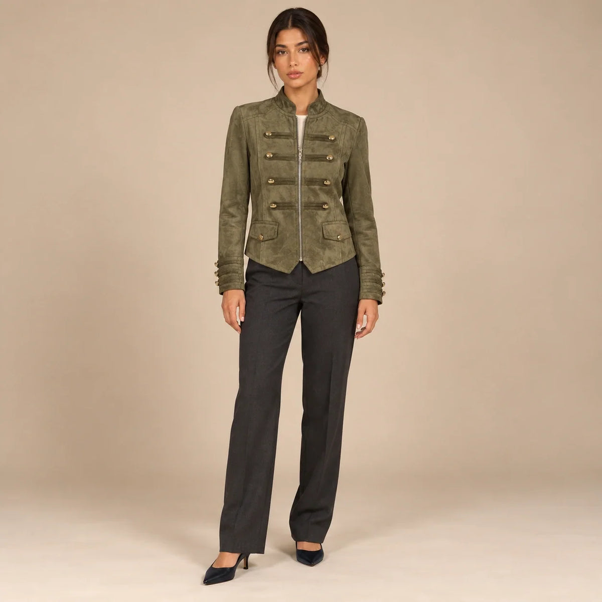 Gold Button Military Jacket in Olive — ONE MORE