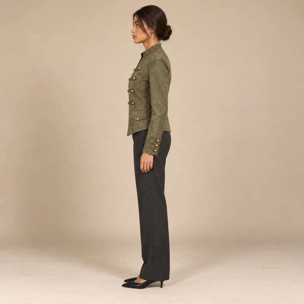 Gold Button Military Jacket in Olive — ONE MORE
