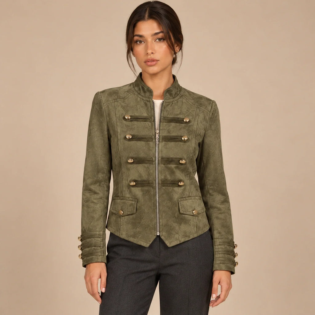 Gold Button Military Jacket in Olive — ONE MORE
