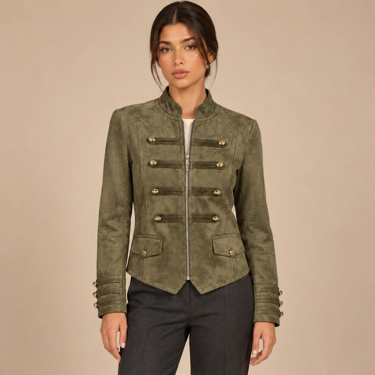 Gold Button Military Jacket in Olive — ONE MORE