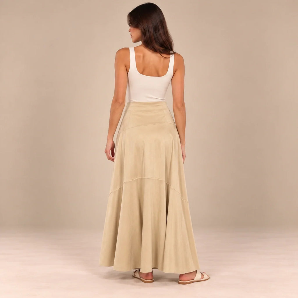Panelled Suede Maxi Skirt in Beige — ONE MORE