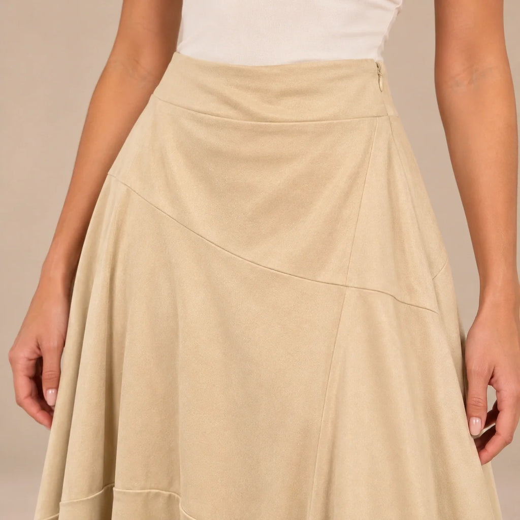 Panelled Suede Maxi Skirt in Beige — ONE MORE
