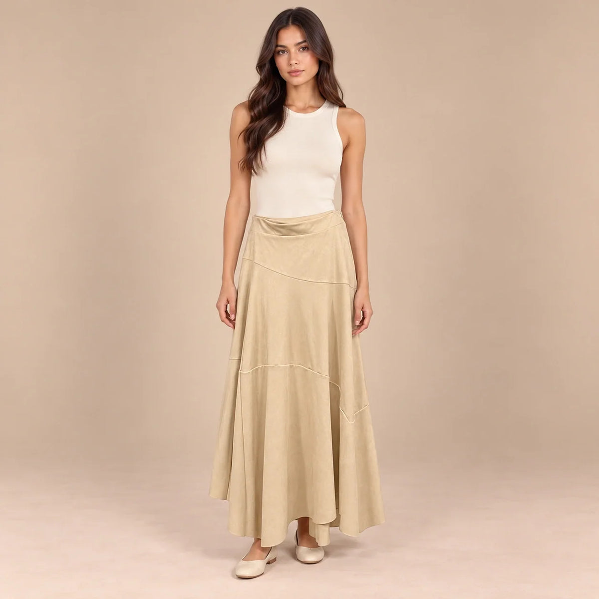 Panelled Suede Maxi Skirt in Beige — ONE MORE