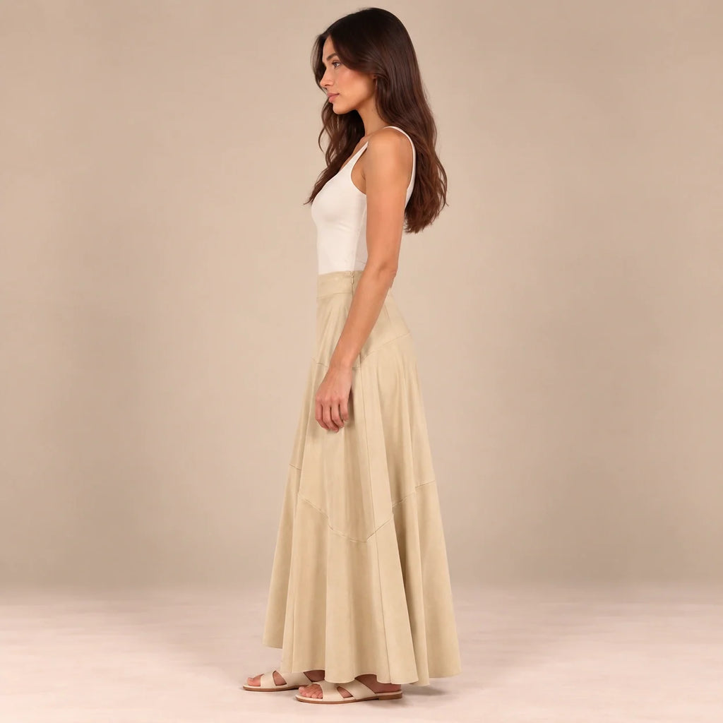 Panelled Suede Maxi Skirt in Beige — ONE MORE