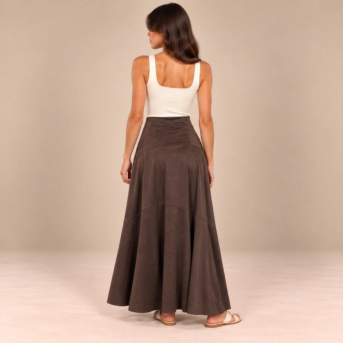 Panelled Suede Maxi Skirt in Brown — ONE MORE