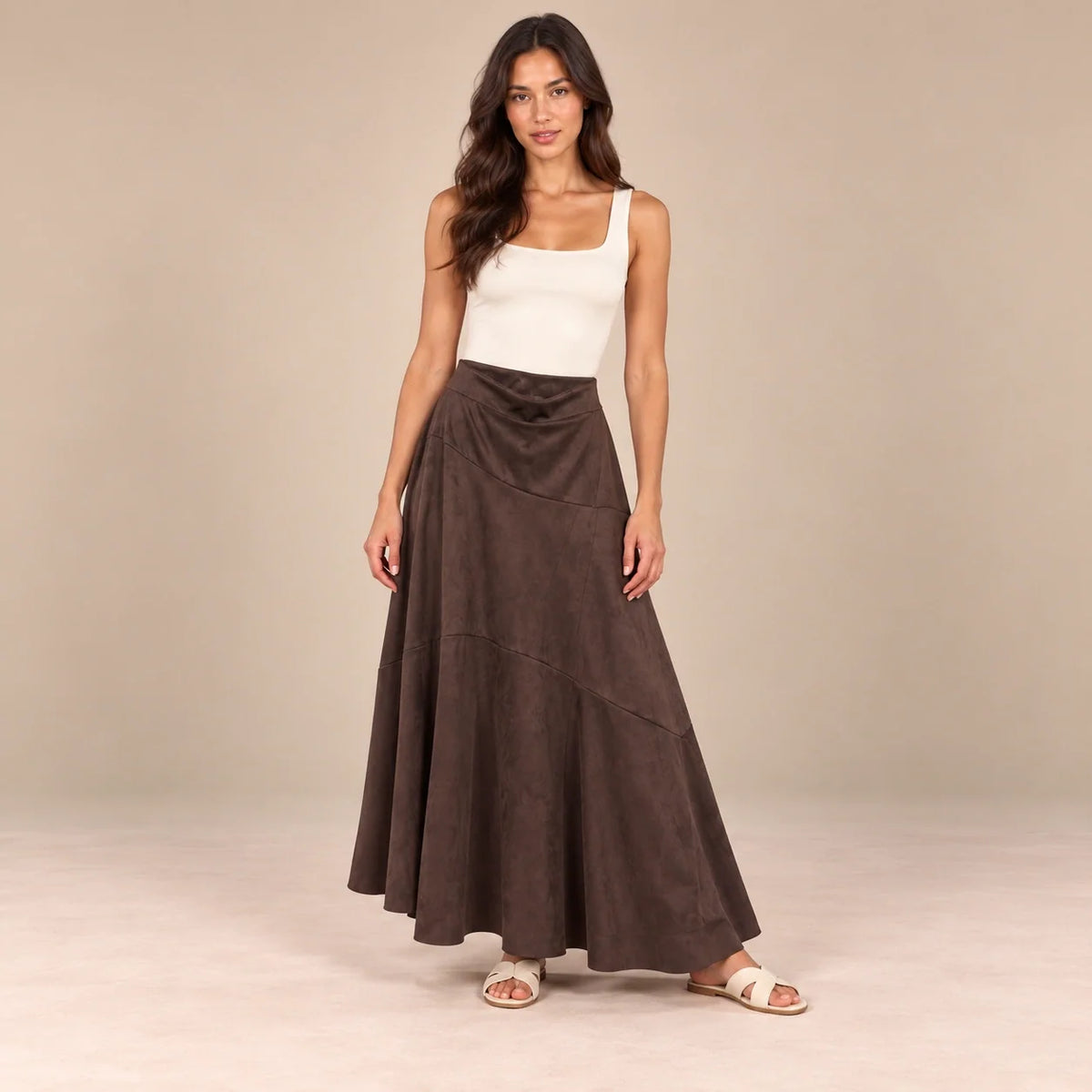 Panelled Suede Maxi Skirt in Brown — ONE MORE