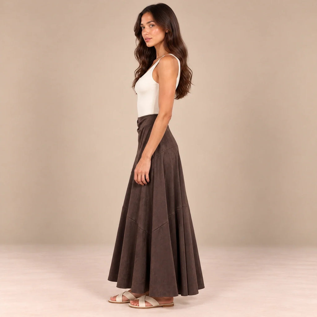 Panelled Suede Maxi Skirt in Brown — ONE MORE