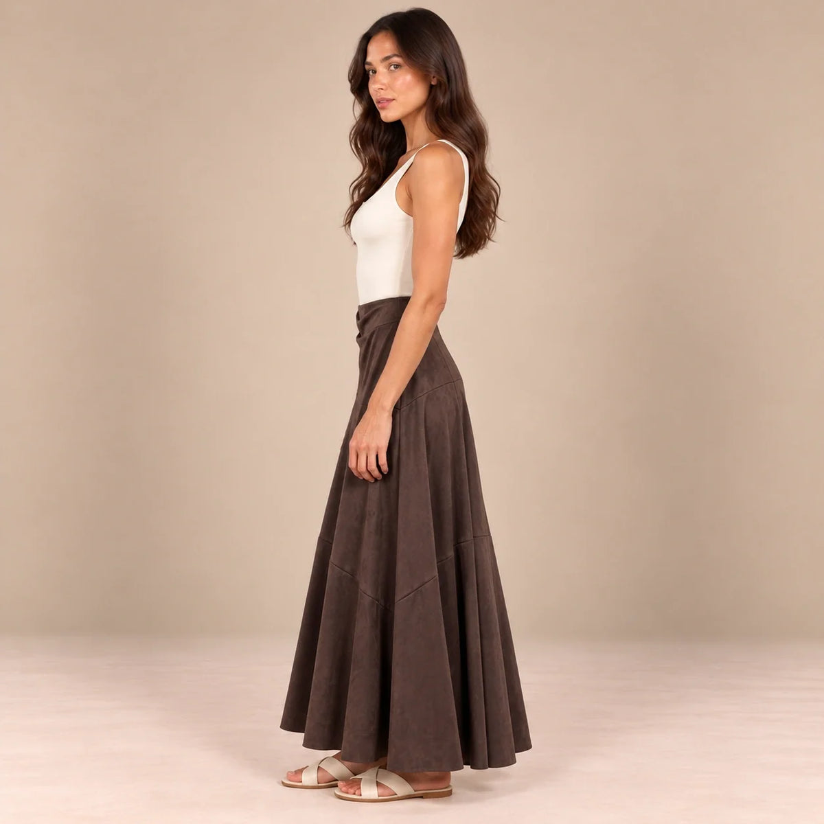 Panelled Suede Maxi Skirt in Brown — ONE MORE