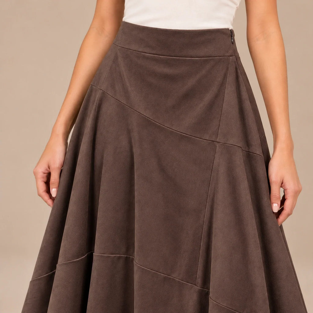 Panelled Suede Maxi Skirt in Brown — ONE MORE