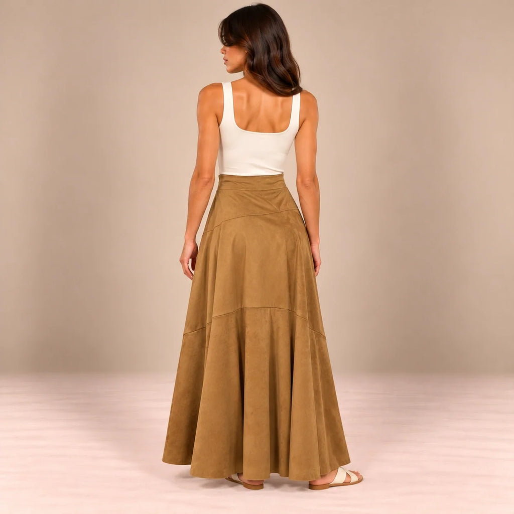 Panelled Suede Maxi Skirt in Camel — ONE MORE