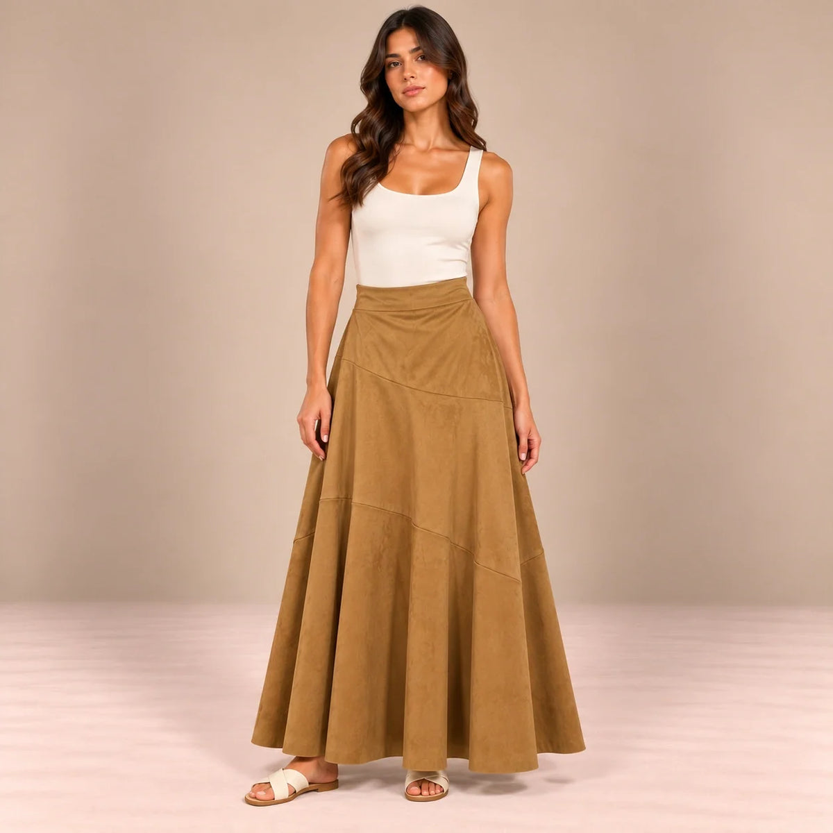 Panelled Suede Maxi Skirt in Camel — ONE MORE