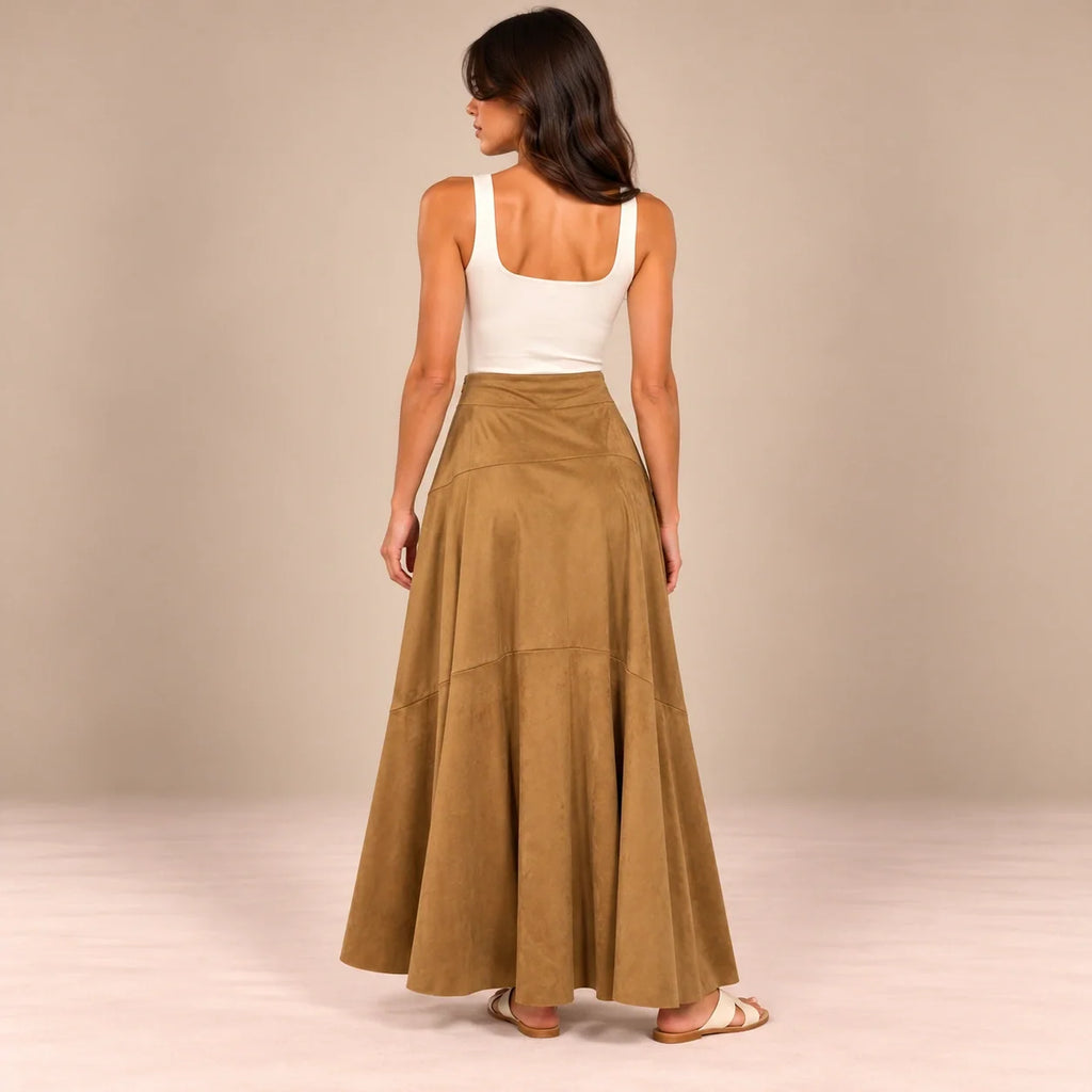 Panelled Suede Maxi Skirt in Camel — ONE MORE