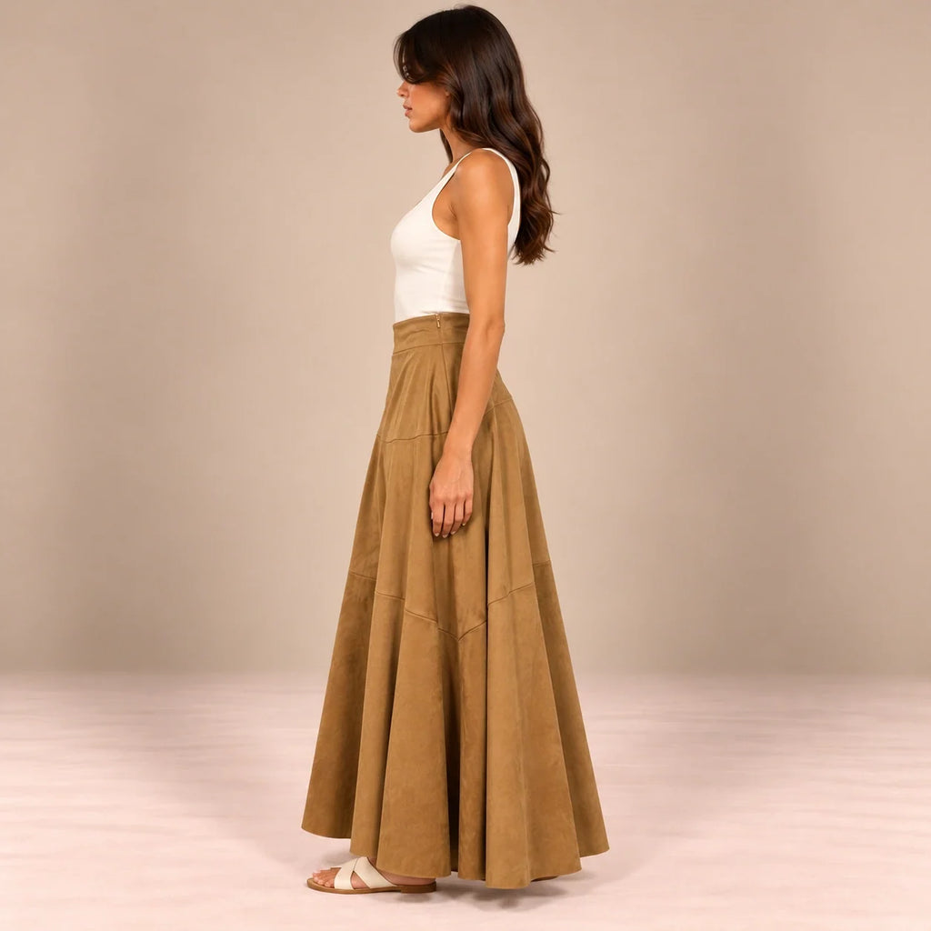 Panelled Suede Maxi Skirt in Camel — ONE MORE