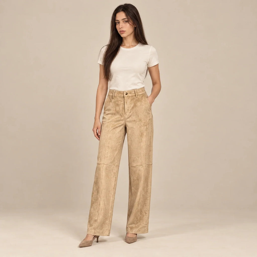 Seamed Suede Straight Trousers in Beige — ONE MORE
