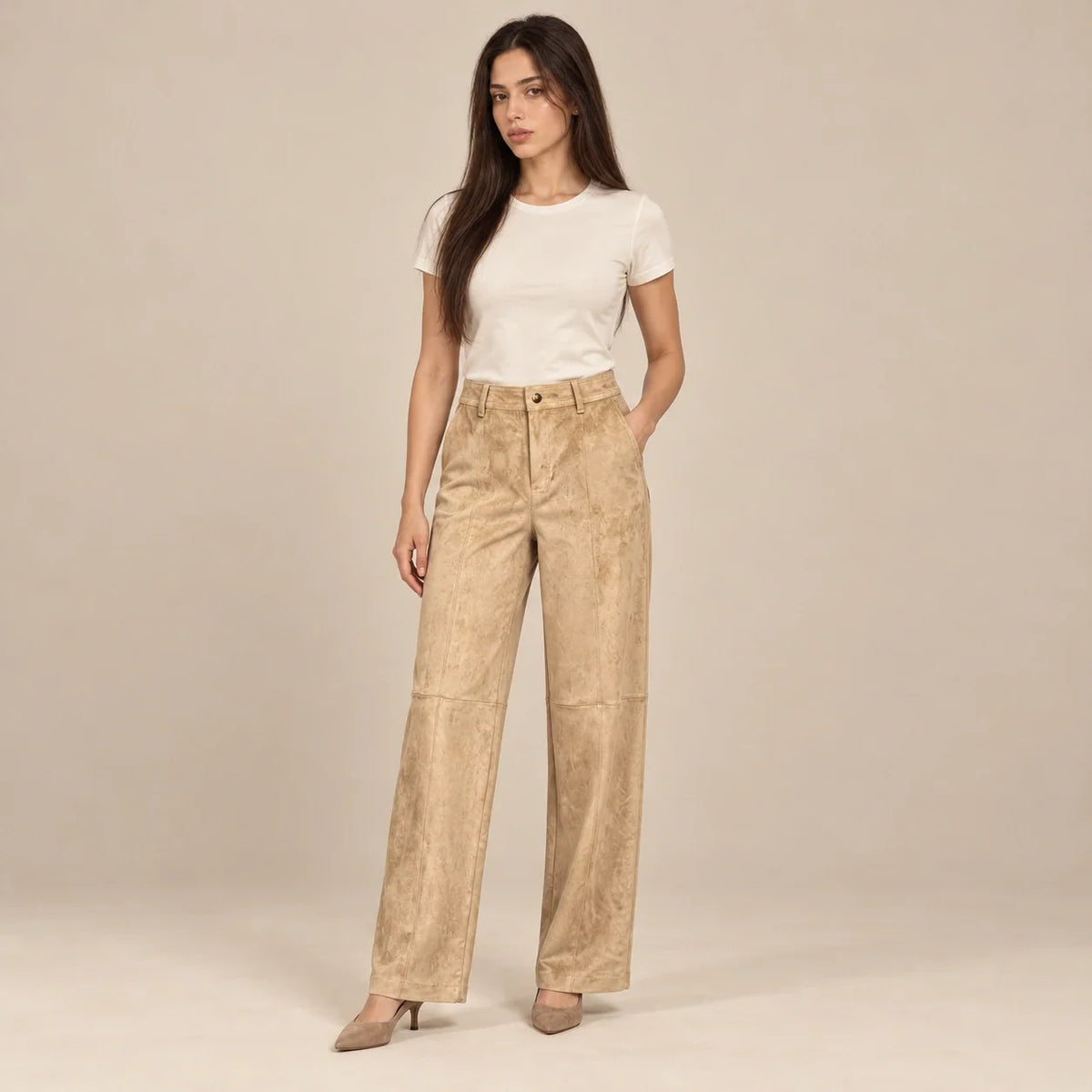 Seamed Suede Straight Trousers in Beige — ONE MORE