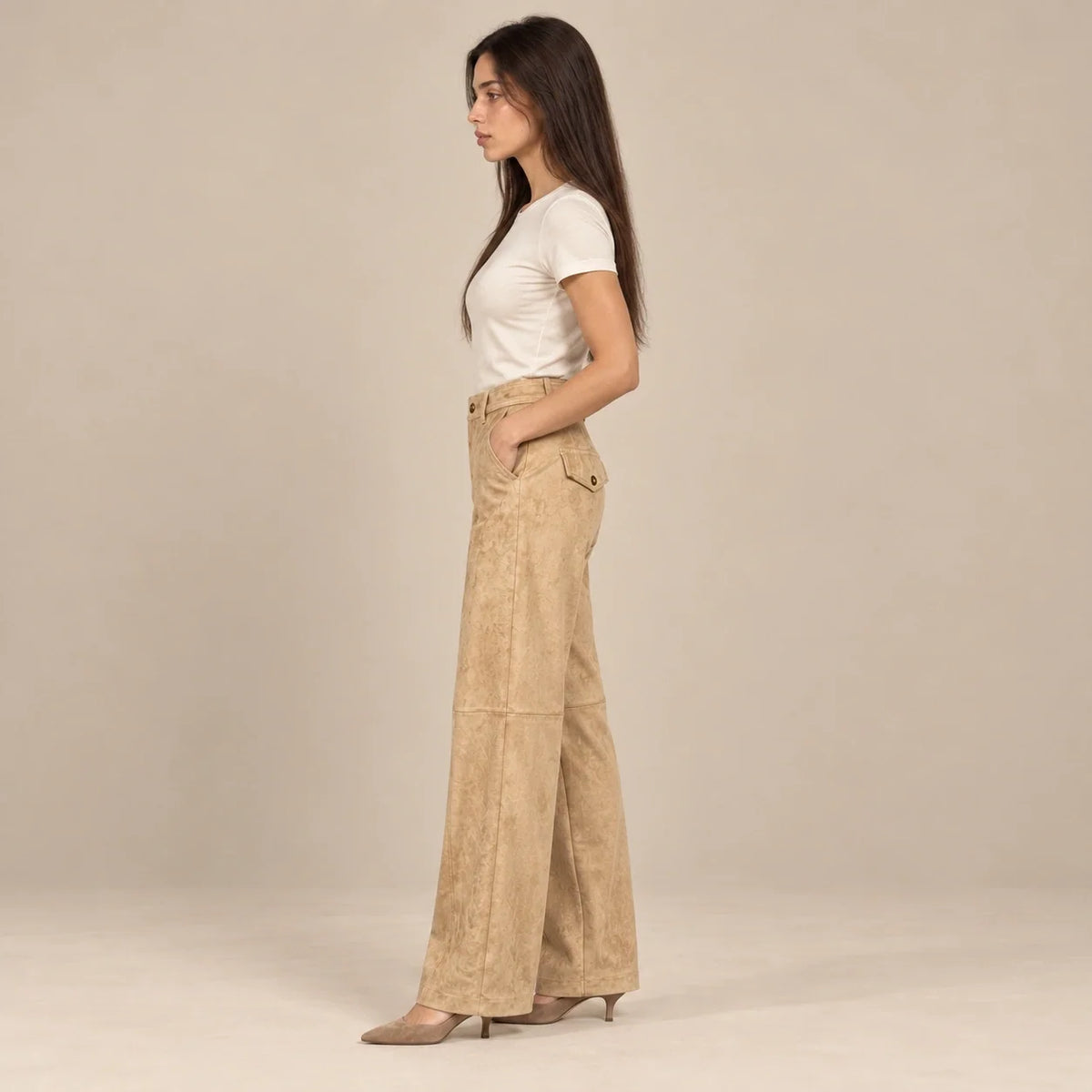 Seamed Suede Straight Trousers in Beige — ONE MORE