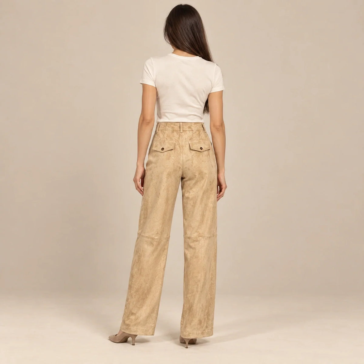 Seamed Suede Straight Trousers in Beige — ONE MORE