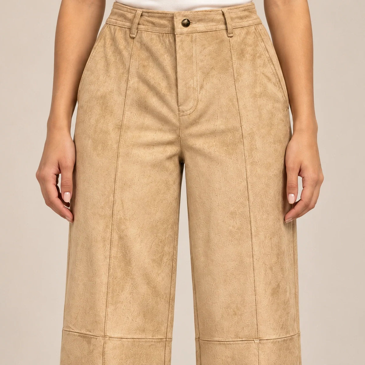 Seamed Suede Straight Trousers in Beige — ONE MORE