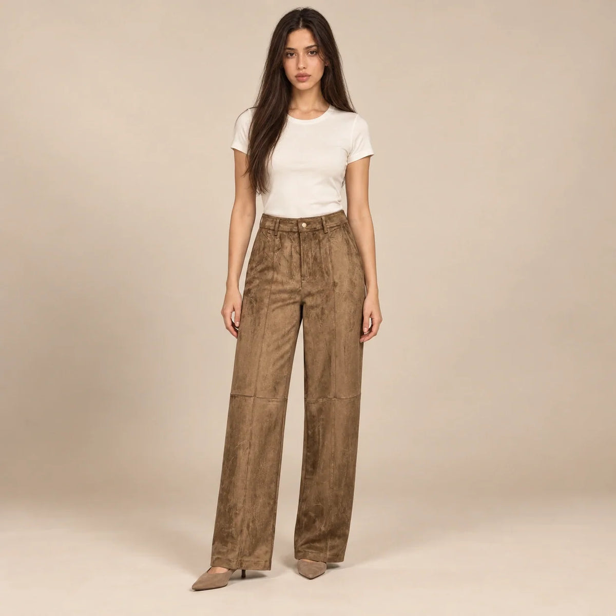 Seamed Suede Straight Trousers in Brown — ONE MORE