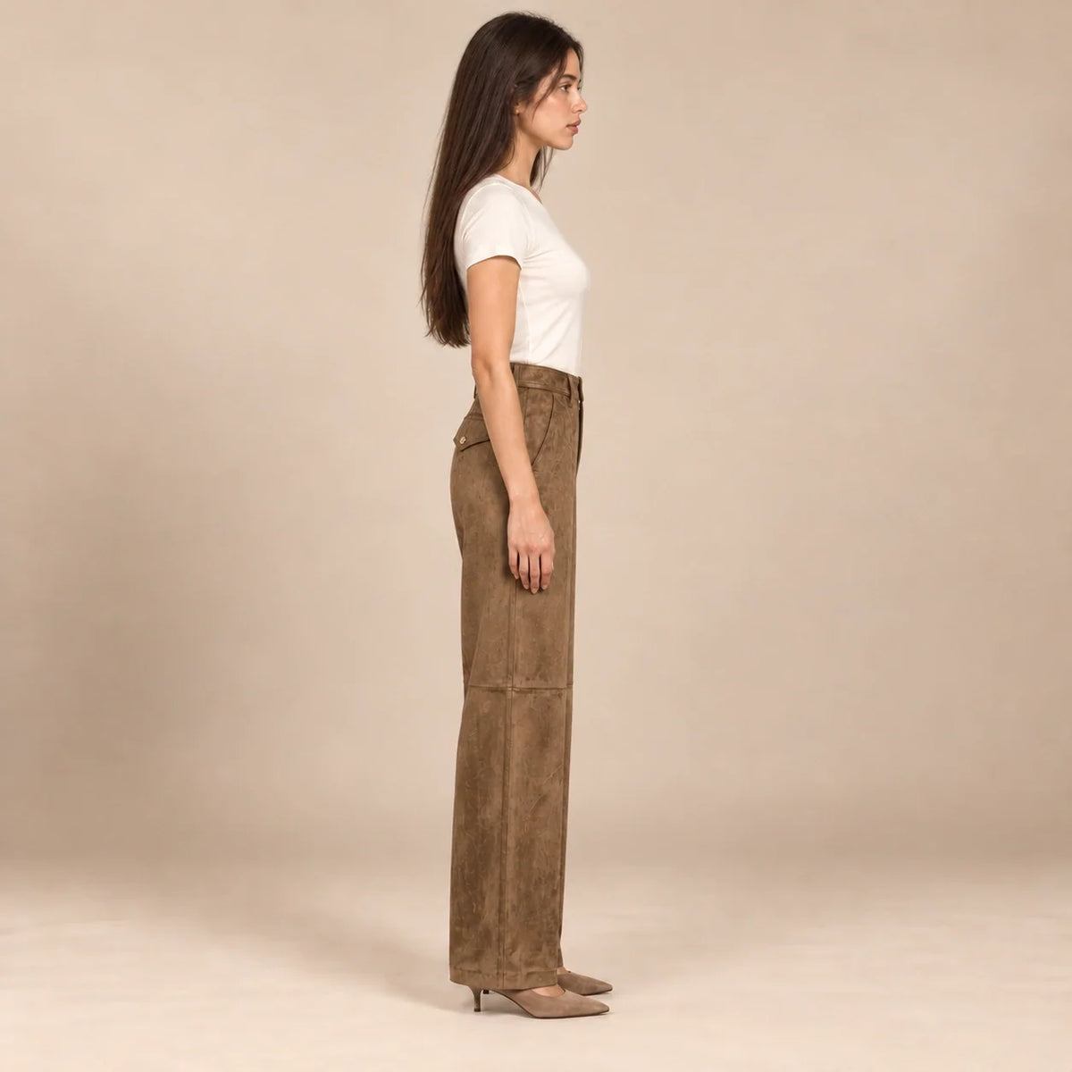 Seamed Suede Straight Trousers in Brown — ONE MORE