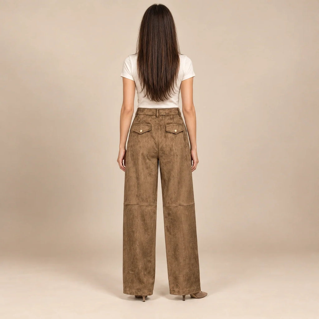 Seamed Suede Straight Trousers in Brown — ONE MORE