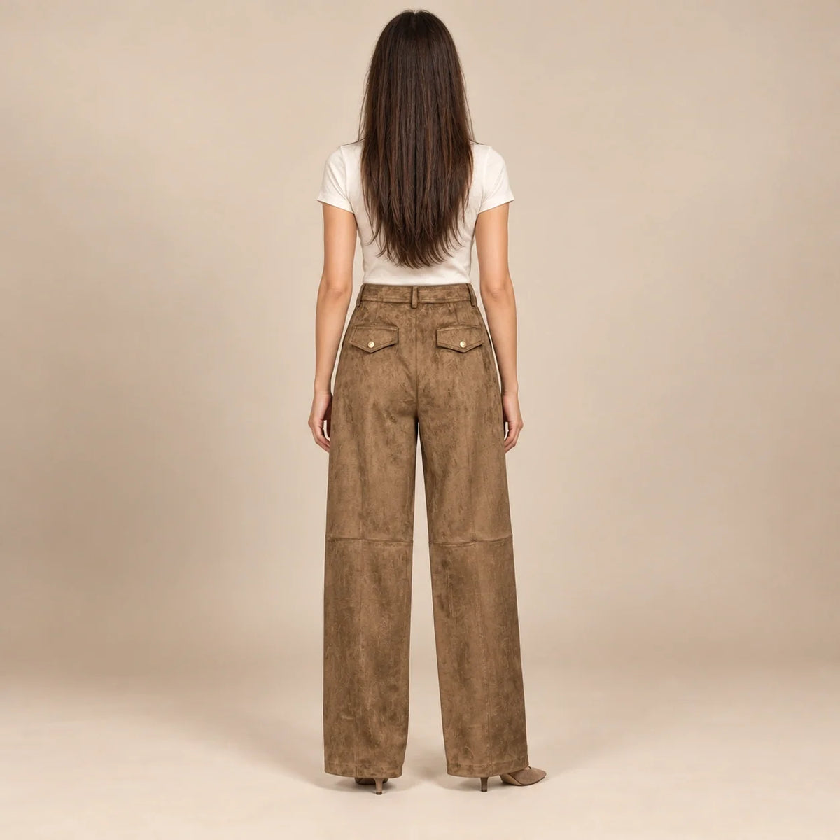 Seamed Suede Straight Trousers in Brown — ONE MORE