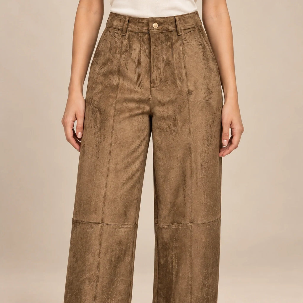 Seamed Suede Straight Trousers in Brown — ONE MORE