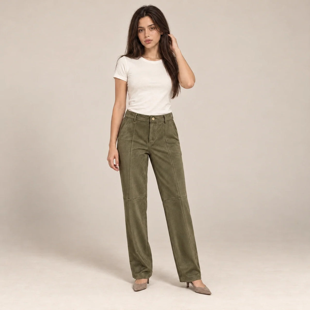 Seamed Suede Straight Trousers in Olive — ONE MORE