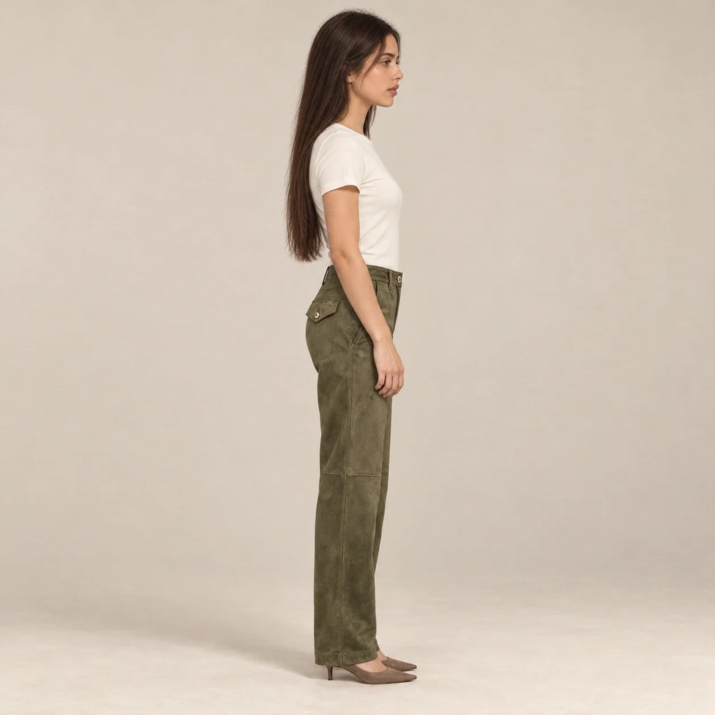 Seamed Suede Straight Trousers in Olive — ONE MORE