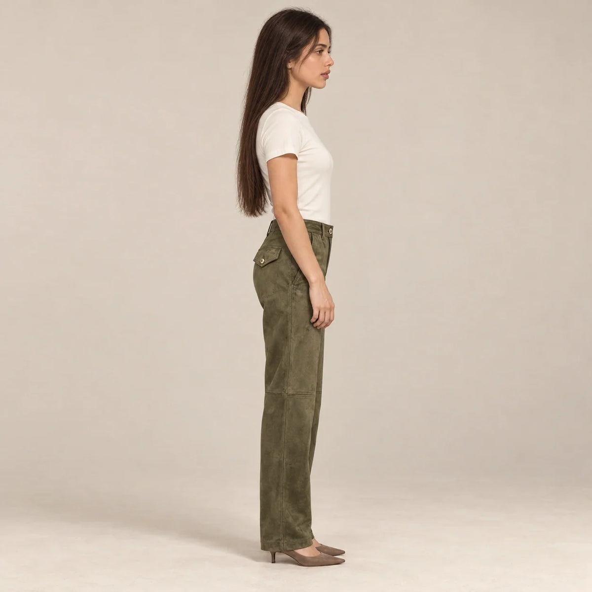 Seamed Suede Straight Trousers in Olive — ONE MORE