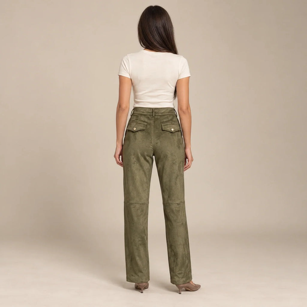 Seamed Suede Straight Trousers in Olive — ONE MORE
