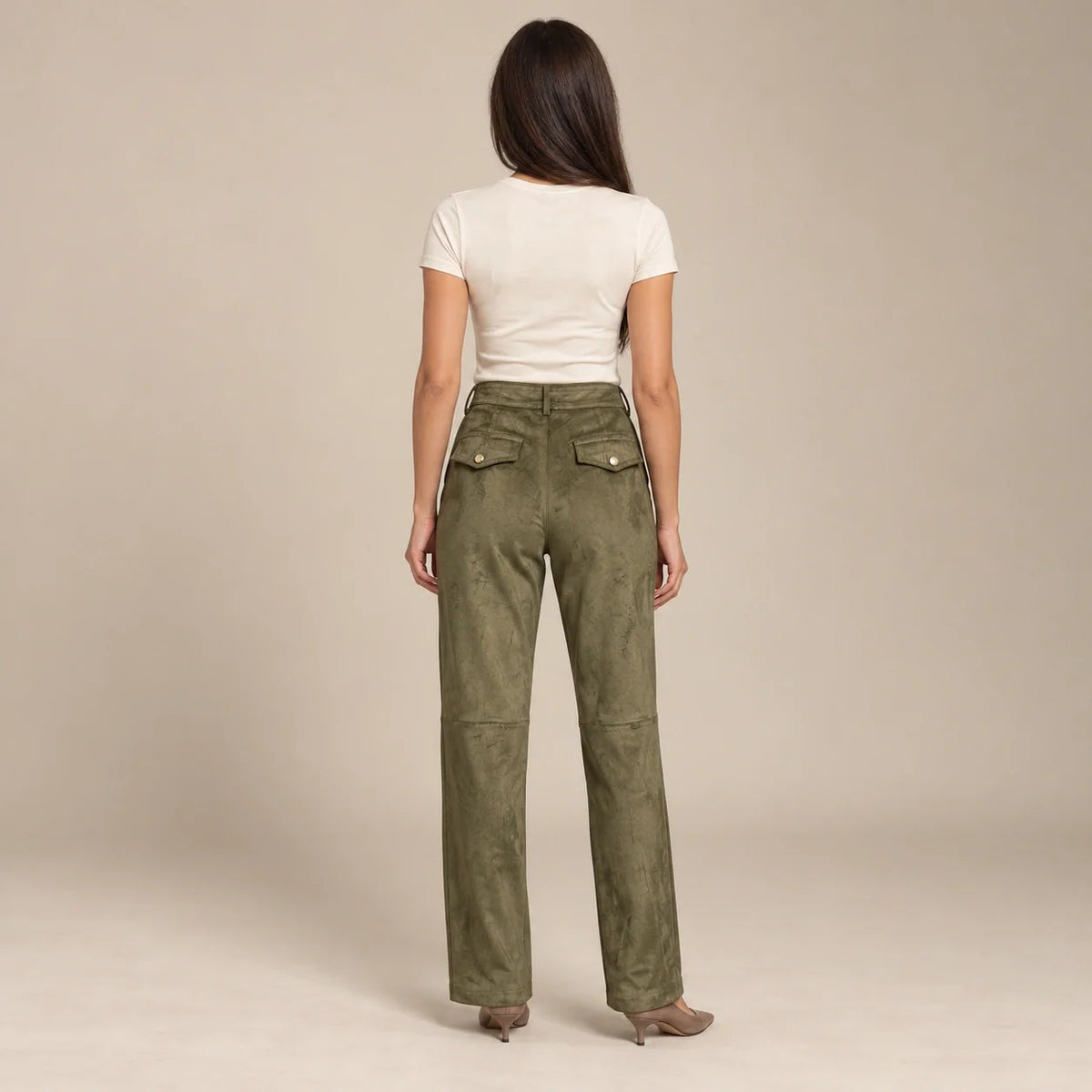 Seamed Suede Straight Trousers in Olive — ONE MORE