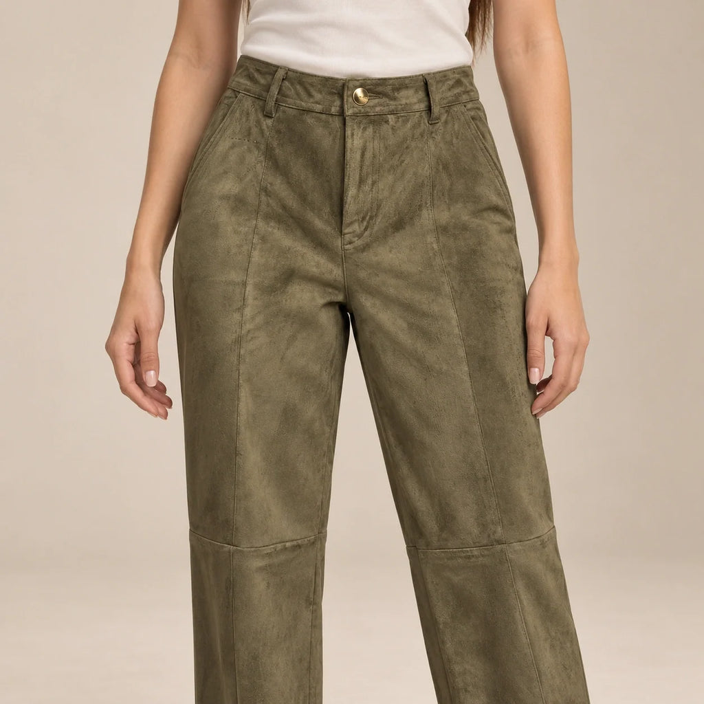 Seamed Suede Straight Trousers in Olive — ONE MORE